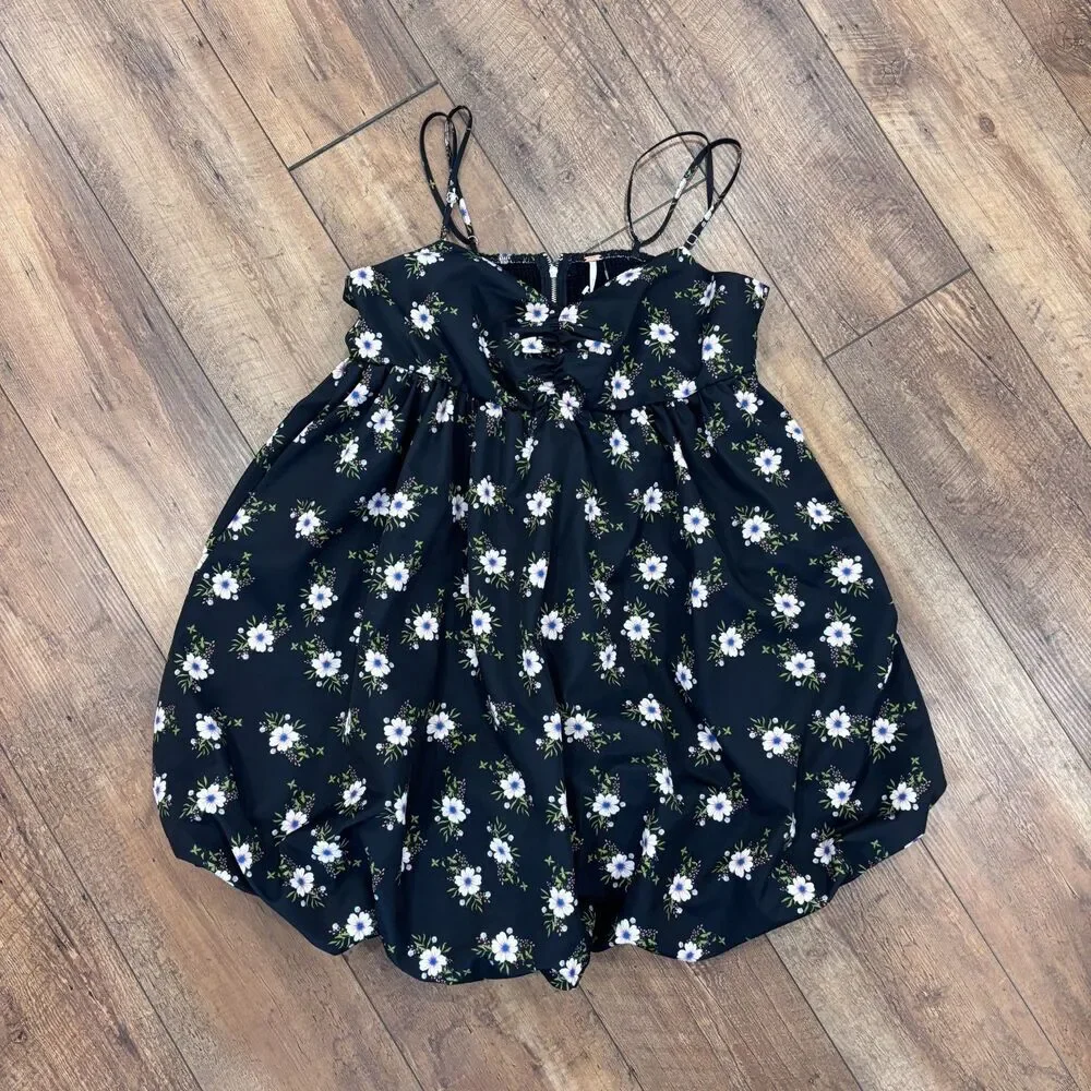 NWT Free People Mini Dress Women's XL Black Floral In A Bubble Babydoll $128